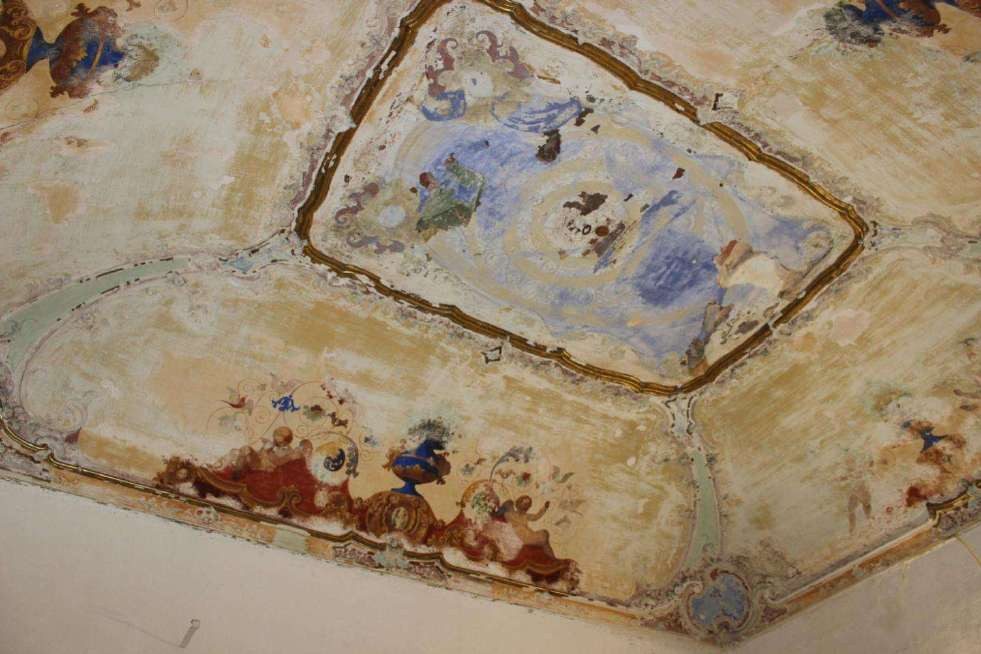 La volta del salone del piano nobile con il riquadro dipinto e i girali